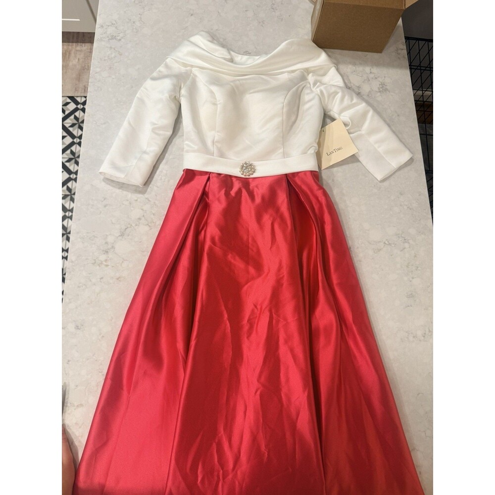 LanTing Bride NWT Satin Off-the-Shoulder A-Line Formal Gown Red White US 2